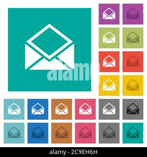 Open mail multi colored flat icons on plain square backgrounds. Included white and darker icon variations for hover or active effects. Stock Vector