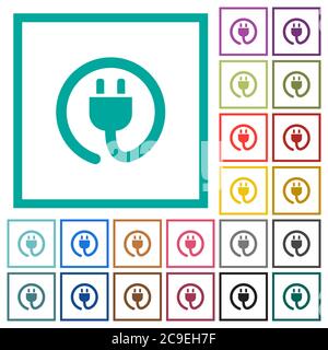 Rolled power cord flat color icons with quadrant frames on white background Stock Vector