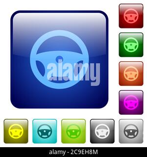 Steering wheel icons in rounded square color glossy button set Stock Vector