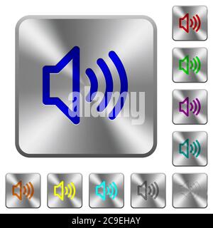 Volume engraved icons on rounded square glossy steel buttons Stock Vector