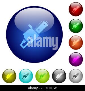 Chainsaw icons on round color glass buttons Stock Vector