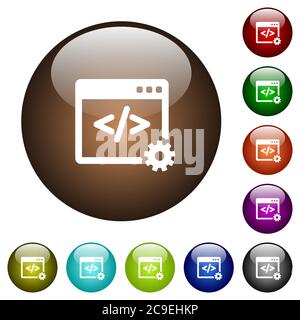 Web development white icons on round color glass buttons Stock Vector