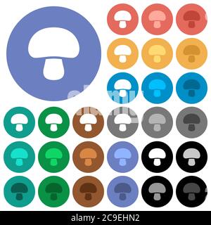 Mushroom multi colored flat icons on round backgrounds. Included white, light and dark icon variations for hover and active status effects, and bonus Stock Vector