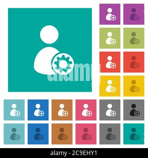 User account settings multi colored flat icons on plain square backgrounds. Included white and darker icon variations for hover or active effects. Stock Vector