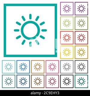 Brightness control flat color icons with quadrant frames on white background Stock Vector