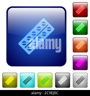 Batch of pills in blister pack icons in rounded square color glossy button set Stock Vector