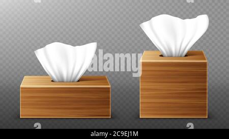 Paper napkin in wooden boxes mockup, open blank packages with tissue pull wipes. Hygiene accessories, brown wood packages isolated on transparent background, realistic 3d vector illustration, mock up Stock Vector