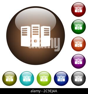 Server hosting white icons on round color glass buttons Stock Vector