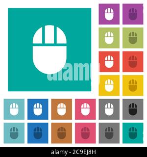 Three buttoned computer mouse multi colored flat icons on plain square backgrounds. Included white and darker icon variations for hover or active effe Stock Vector