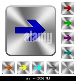 Right arrow engraved icons on rounded square glossy steel buttons Stock Vector