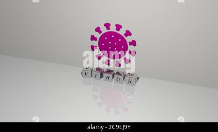 3D illustration of VIRUS graphics and text made by metallic dice letters for the related meanings of the concept and presentations. background and disease Stock Photo