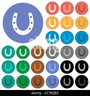Horseshoe multi colored flat icons on round backgrounds. Included white, light and dark icon variations for hover and active status effects, and bonus Stock Vector