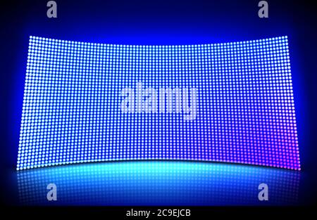 Concave led wall video screen with glowing blue and purple dot lights. Vector illustration of grid pattern for led display on stadium or scene. Curved digital panel with mesh of diode lamps Stock Vector