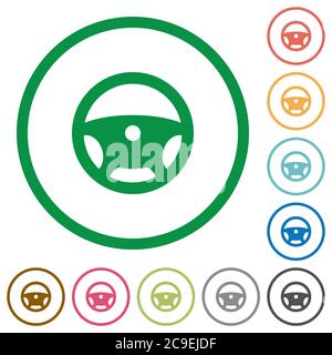 Steering wheel flat color icons in round outlines on white background Stock Vector