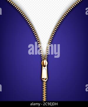 Zip fastener, open gold metal zipper with puller on purple fabric. Unzip clothing hardware, apparel accessory, lock for garment isolated on transparent background, Realistic 3d vector illustration Stock Vector
