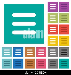 Menu multi colored flat icons on plain square backgrounds. Included white and darker icon variations for hover or active effects. Stock Vector