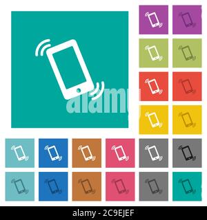 Ringing phone multi colored flat icons on plain square backgrounds. Included white and darker icon variations for hover or active effects. Stock Vector
