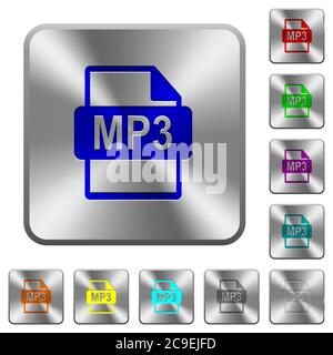 MP3 file format engraved icons on rounded square glossy steel buttons Stock Vector