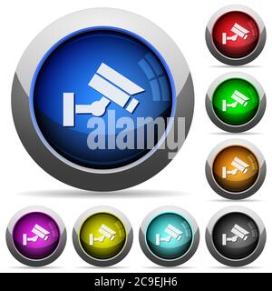 Security camera icons in round glossy buttons with steel frames Stock Vector