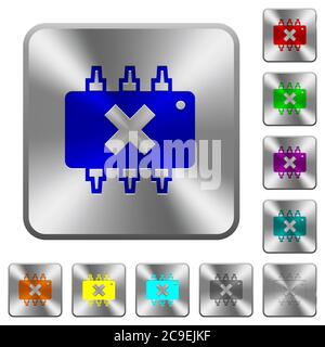 Hardware failure engraved icons on rounded square glossy steel buttons Stock Vector