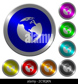 Earth icons on round luminous coin-like color steel buttons Stock Vector