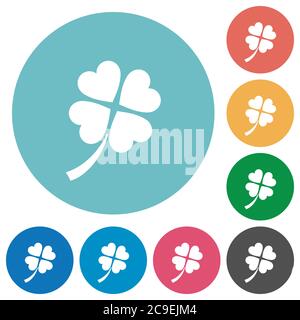Four leaf clover flat white icons on round color backgrounds Stock Vector
