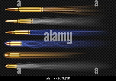 Flying pistol bullets with smoke and fire traces. Shooting gun slugs, military handgun shoot trails in motion, weapon metal shots, ammo isolated on transparent background, realistic 3d vector set Stock Vector
