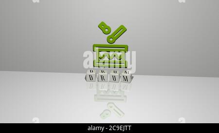 3D representation of DRUM with icon on the wall and text arranged by metallic cubic letters on a mirror floor for concept meaning and slideshow presentation. illustration and background Stock Photo