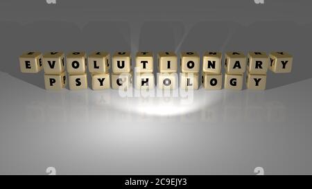 3D illustration of Evolutionary psychology graphics and text made by metallic dice letters for the related meanings of the concept and presentations. brain and background Stock Photo