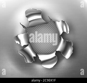 Torn hole, ragged round crack in steel sheet. Vector realistic mockup of ripped edges of metal break, bullet hole isolated on transparent background. Damaged metallic page from gun shot or explosion Stock Vector