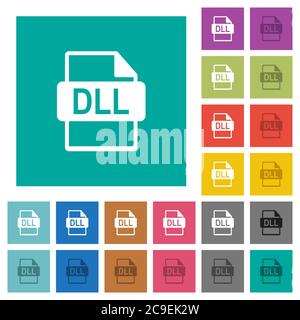 DLL file format multi colored flat icons on plain square backgrounds. Included white and darker icon variations for hover or active effects. Stock Vector