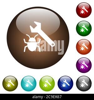 Bug fixing white icons on round color glass buttons Stock Vector