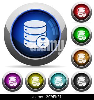 Select database table row icons in round glossy buttons with steel frames Stock Vector