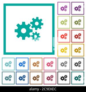 Gears flat color icons with quadrant frames on white background Stock Vector