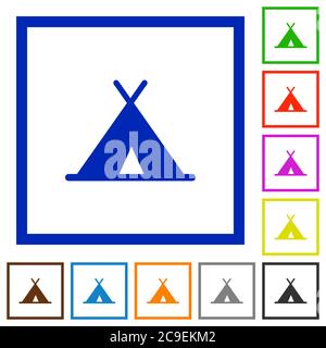 Tent flat color icons in square frames on white background Stock Vector