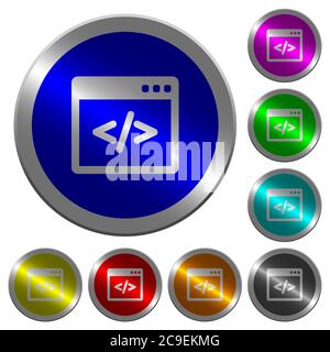 Programming code in software window icons on round luminous coin-like color steel buttons Stock Vector
