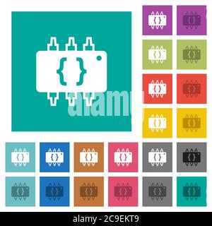 Hardware programming multi colored flat icons on plain square backgrounds. Included white and darker icon variations for hover or active effects. Stock Vector