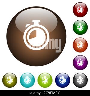 Timer white icons on round color glass buttons Stock Vector