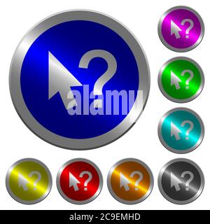 Help cursor icons on round luminous coin-like color steel buttons Stock Vector