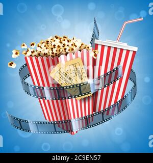 Cinema popcorn, soda drink, tickets and film strip movie poster with fast food snack and cola beverage in disposable striped package on abstract blurred background. Realistic 3d vector illustration Stock Vector