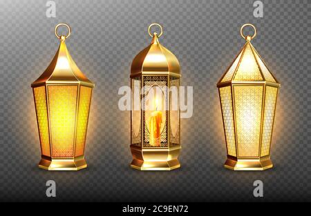 Vintage gold arabic lanterns with glowing candles. Vector realistic set of hanging luminous lamps with golden arabian ornament. Islamic shining fanous isolated on transparent background Stock Vector