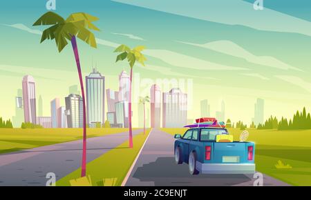 Summer travel by car. Vector cartoon illustration of auto with luggage on road to tropical city with skyscrapers and palm trees. Concept of vacation, trip by car to resort Stock Vector
