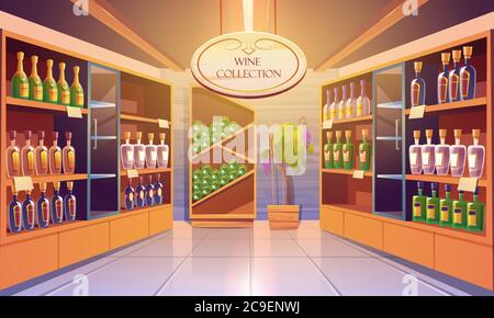 Wine shop, cellar interior with alcohol beverages collection, bottles on wooden shelves. Store in building basement with potted grapes vine, tiled floor and glow lamps. Cartoon vector illustration Stock Vector