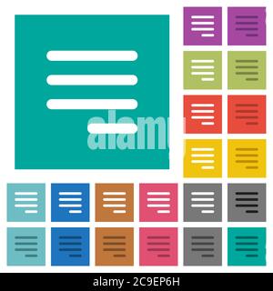 Text align justify last row right multi colored flat icons on plain square backgrounds. Included white and darker icon variations for hover or active Stock Vector