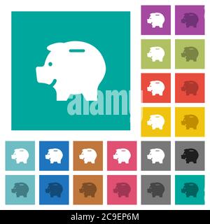 Left facing piggy bank multi colored flat icons on plain square backgrounds. Included white and darker icon variations for hover or active effects. Stock Vector