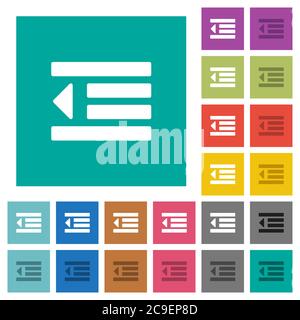 Decrease text indentation multi colored flat icons on plain square backgrounds. Included white and darker icon variations for hover or active effects. Stock Vector