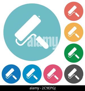 Paint roller flat white icons on round color backgrounds Stock Vector