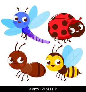 Set of cute colorful bugs. A dragonfly, a ladybug, an ant and a bee. Stock Photo