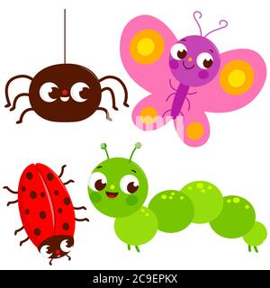 Set of cute colorful bugs. A spider, a butterfly, a beetle and a caterpillar. Stock Photo