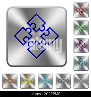 Puzzle pieces engraved icons on rounded square glossy steel buttons Stock Vector